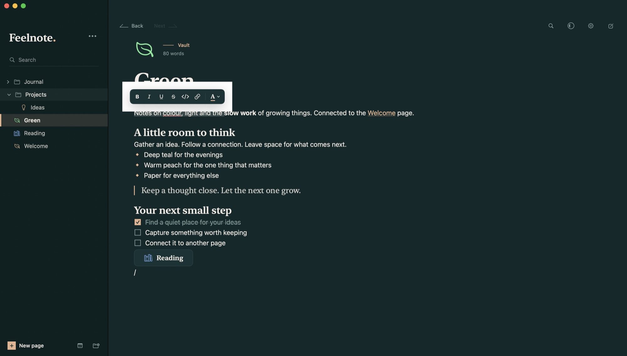 Writing and text formatting in Feelnote.
