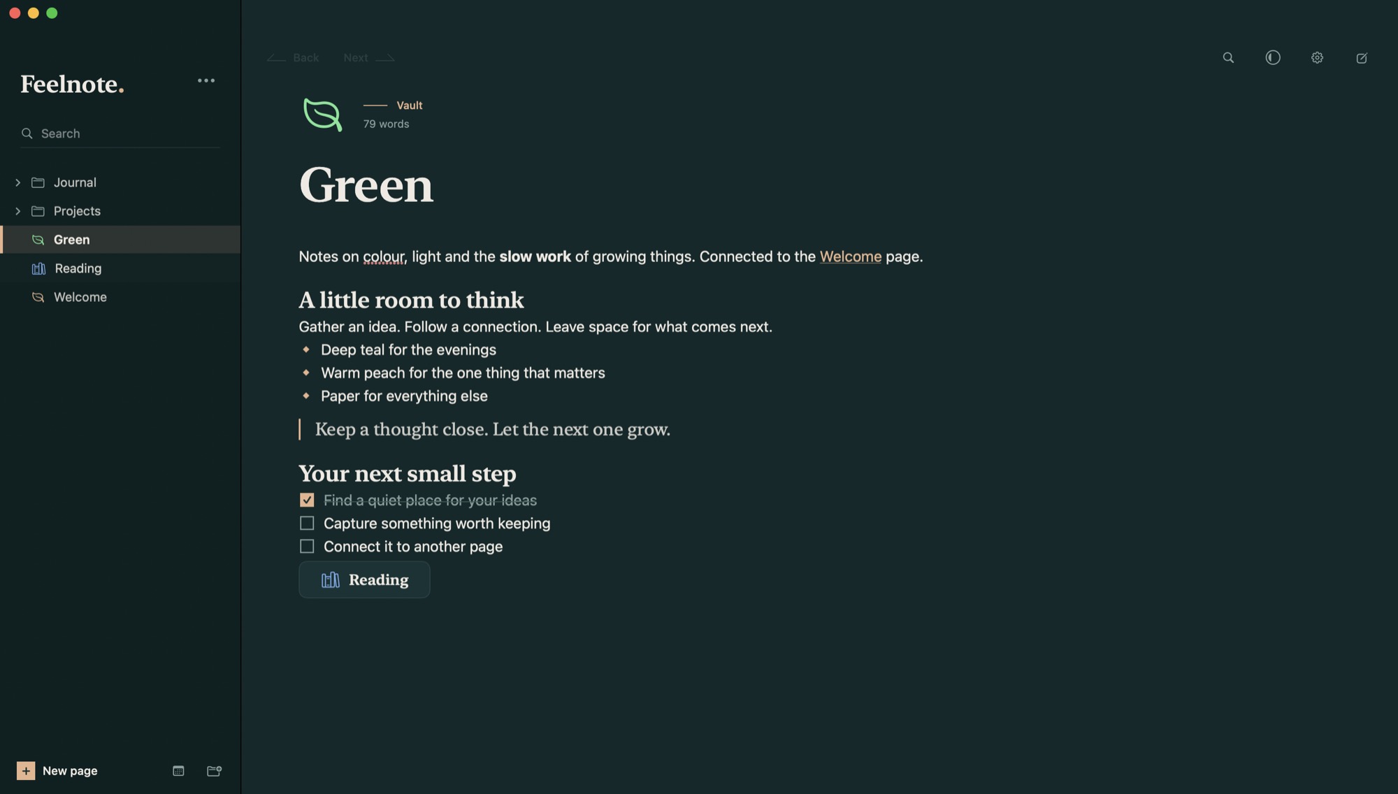 A Feelnote page with headings, lists and an embedded page.